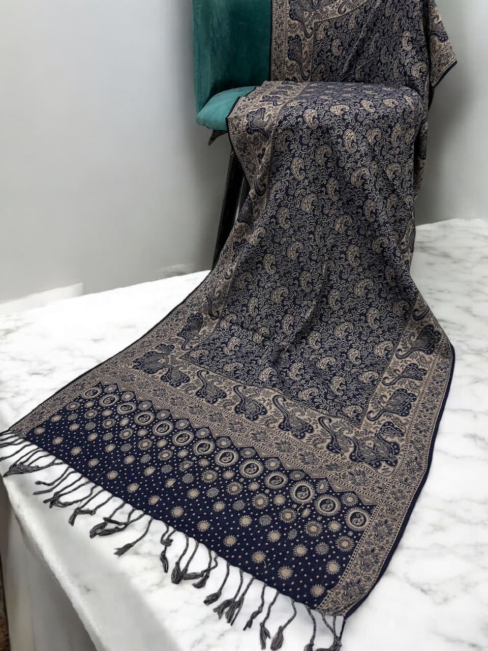Midnight Blue Beige Dotted Two-tone Paisley Pashmina Hijab