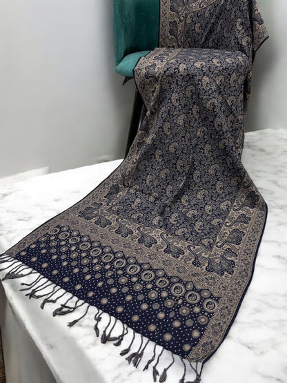 Midnight Blue Beige Dotted Two-tone Paisley Pashmina Hijab