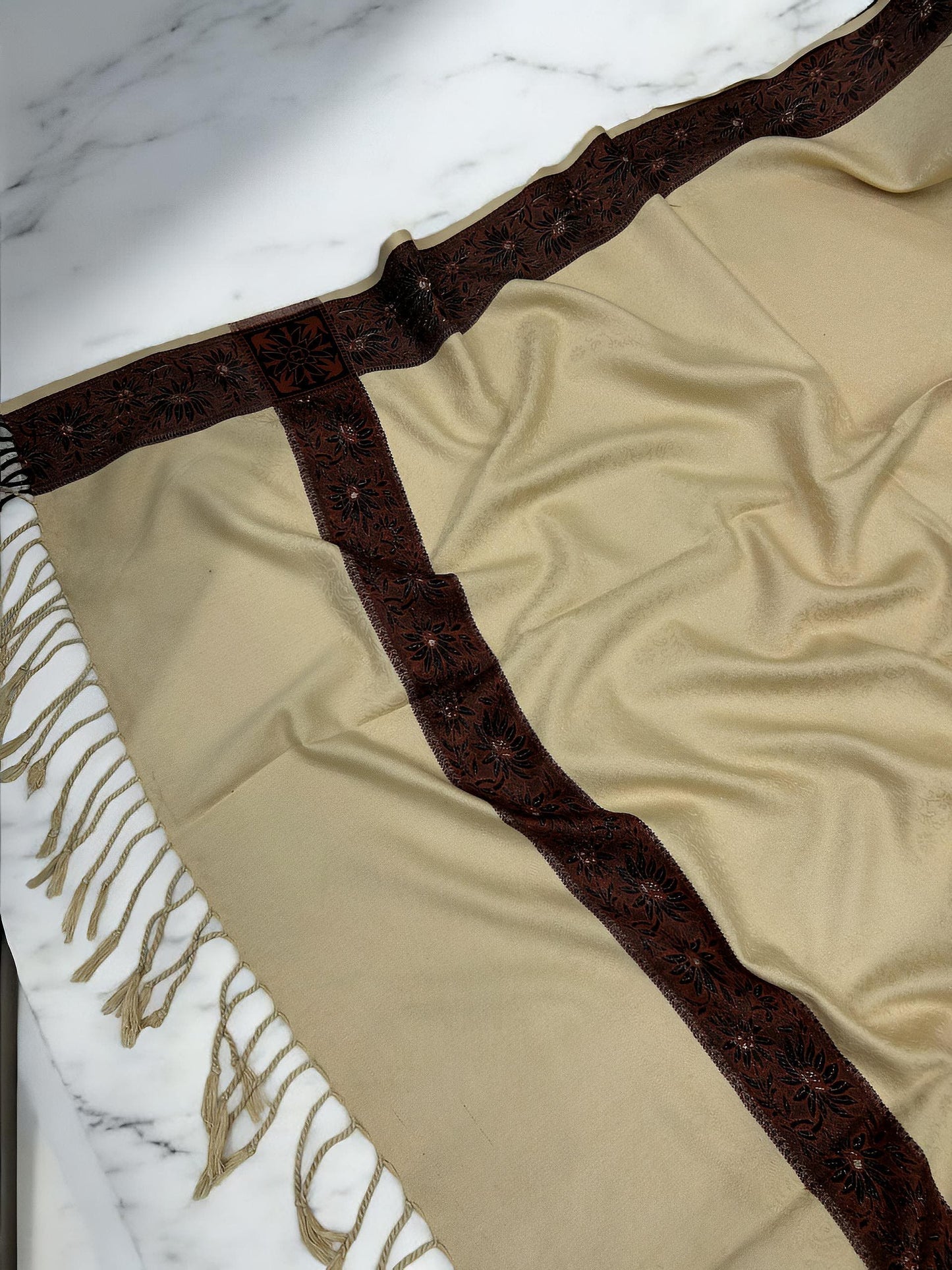 Latte Cream Maroon Embossed Patchwork Border Shawl