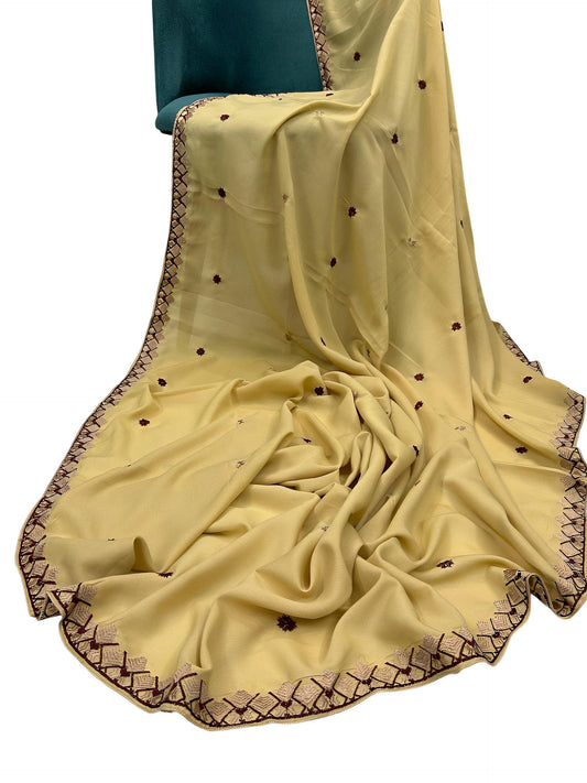 Khaki Maroon Pink Floral Border Shaal