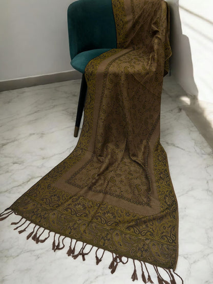 Soil Brown Olive Green Two-tone Paisley Pashmina Hijab