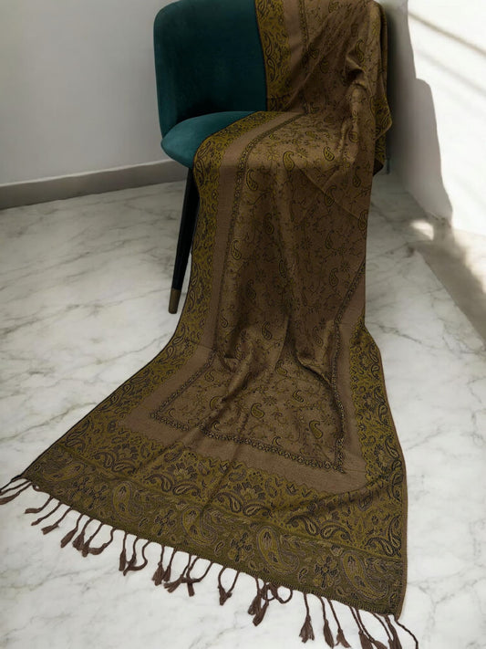 Soil Brown Olive Green Two-tone Paisley Pashmina Hijab