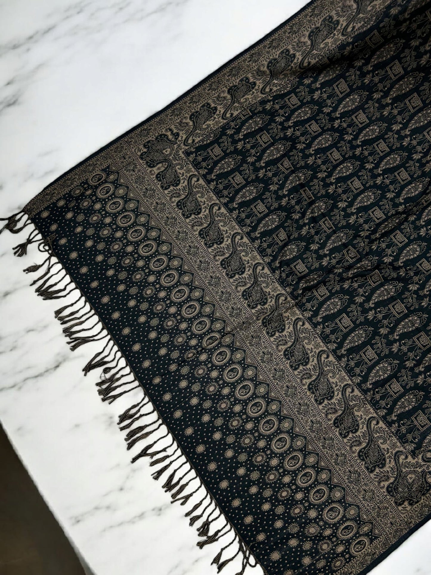 Dotted Paisley Pashmina Shawl - Navy Blue Beige