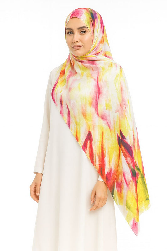 Large Satin Silk Scarf - White Yellow Pink Splash