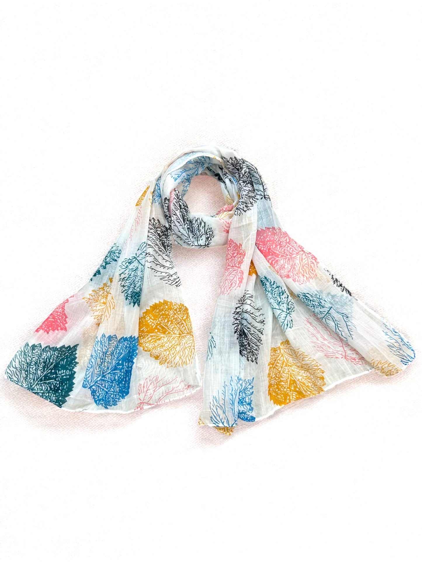 White Multi Leaves Floral Printed Modal Hijab