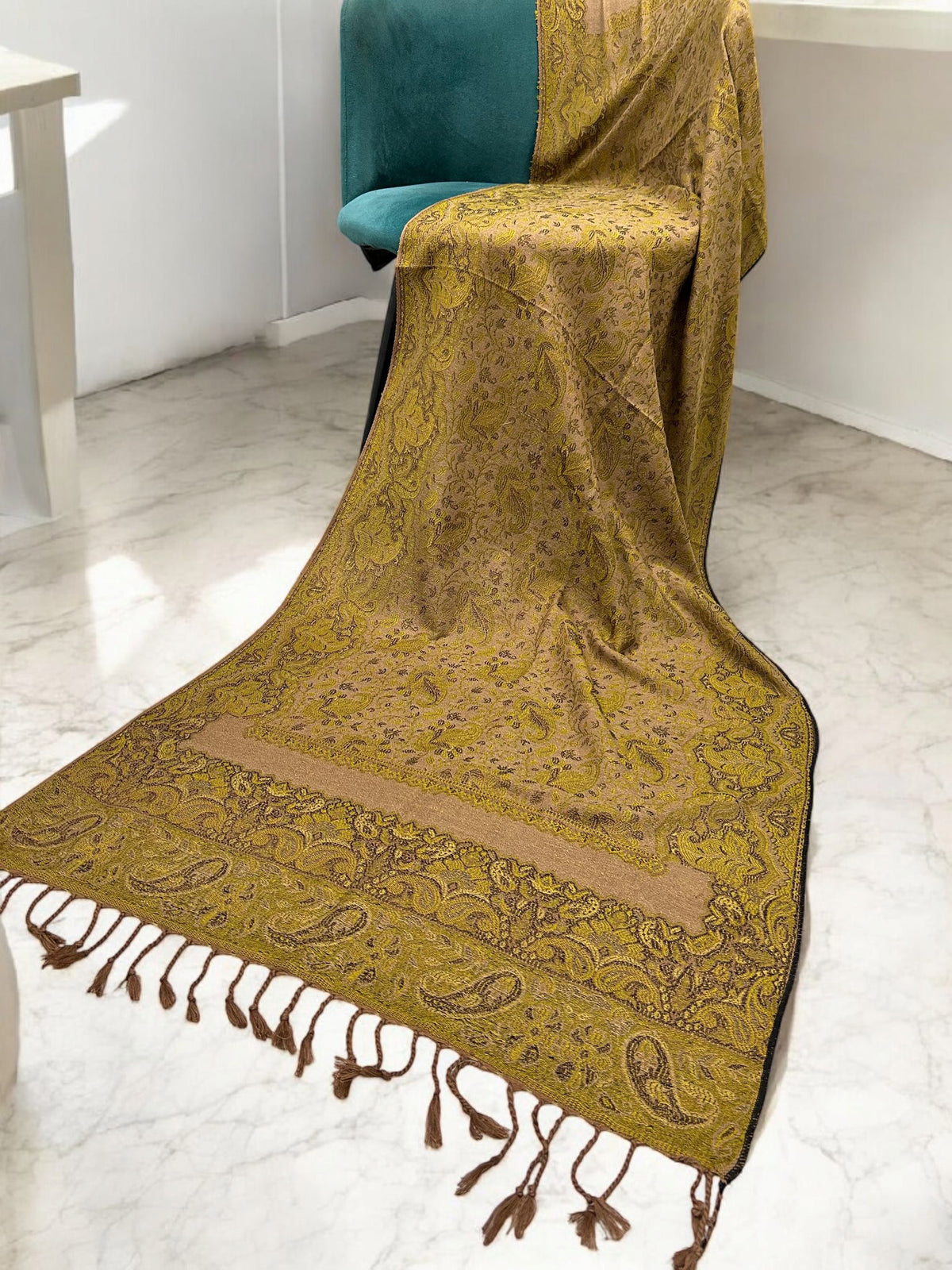 Beige Kelly Green Damask Paisleys Dual Tone Pashmina Hijab