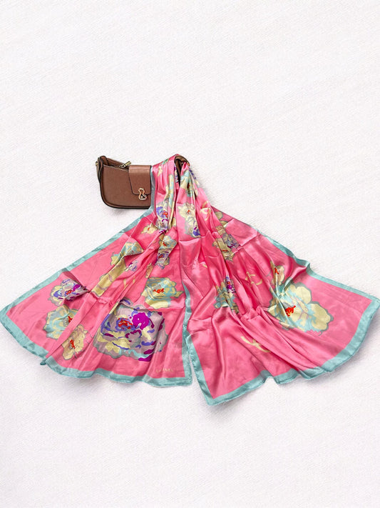 Satin Silk Scarf - Candy Pink Baby Blue Diamonds