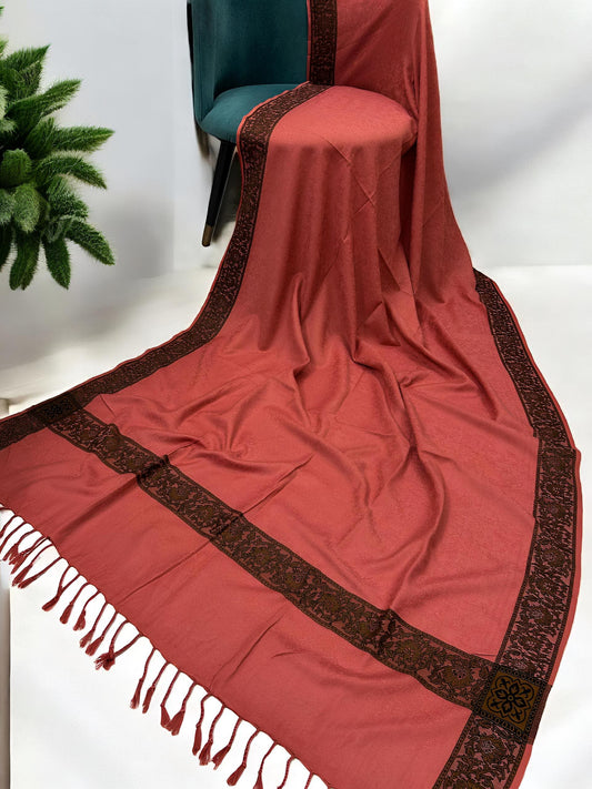 Coral Brown Embossed Patchwork Border Shawl