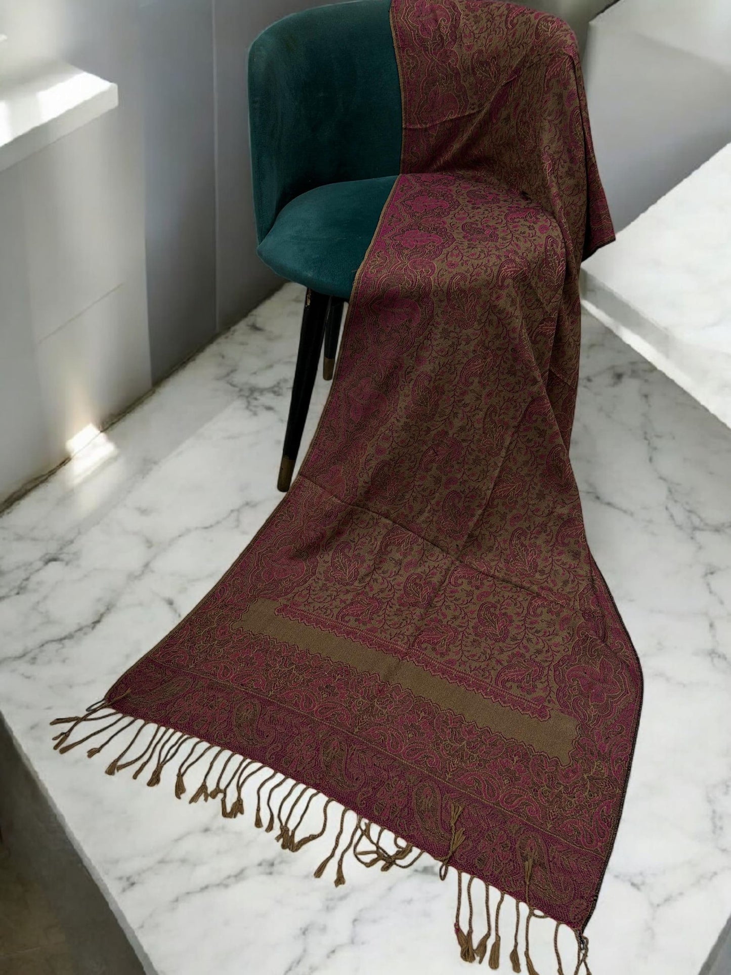 Beige Dark Pink Two-tone Paisley Pashmina Hijab