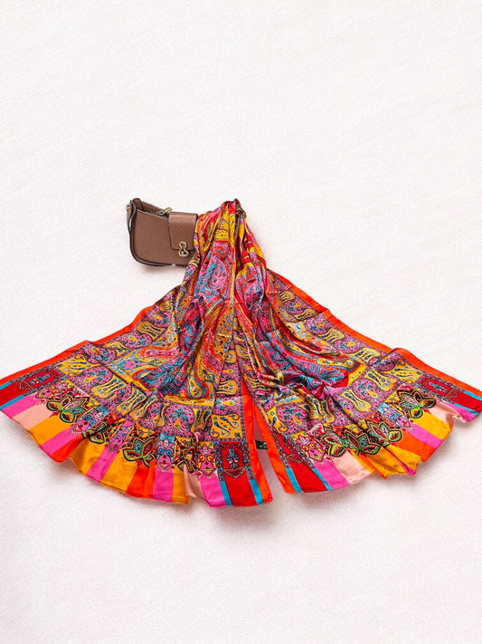 Satin Silk Scarf - Pink Orange Lined Paisleys