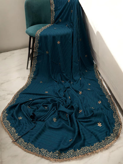 Teal Rosegold Stars Cutwork Fancy Self Embroidered Shaal