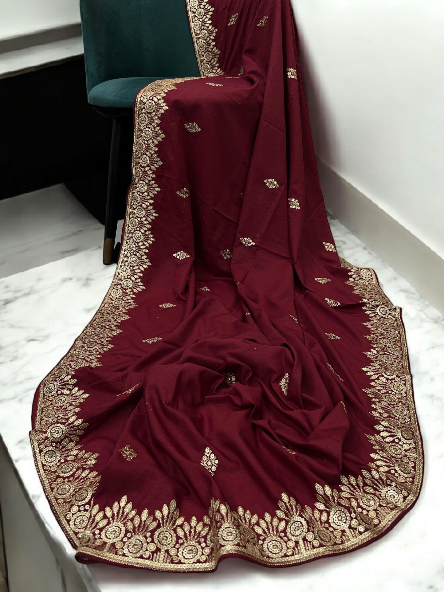 Scarlet Red Gold Floral Sequence Bridal Embroidered Shaal