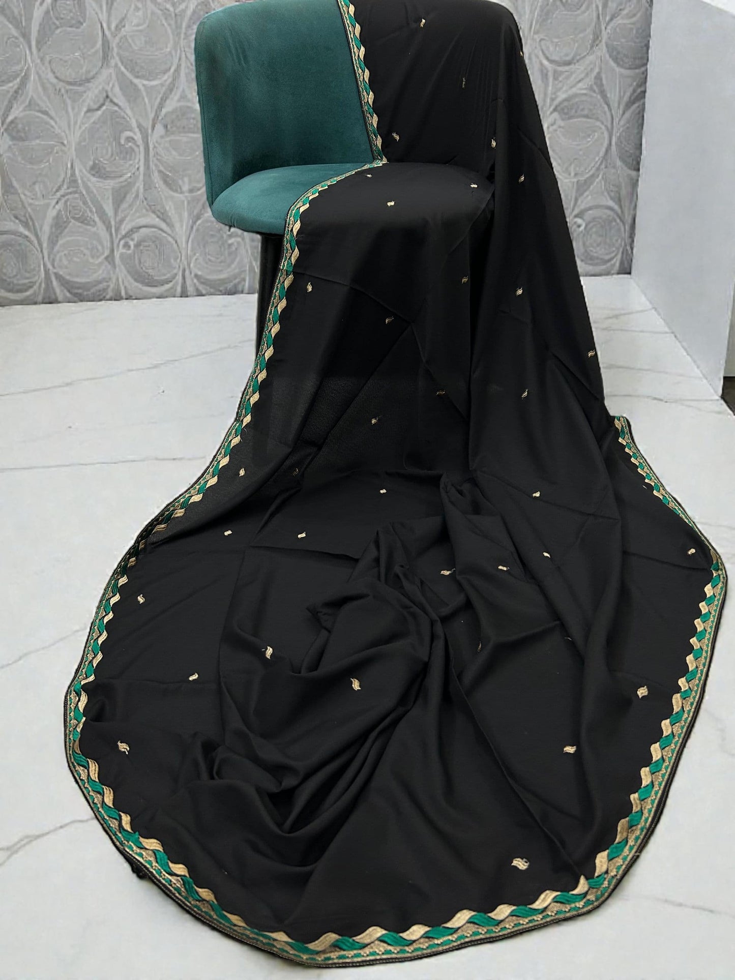 Black Sea Green Cream Embroidered Shaal
