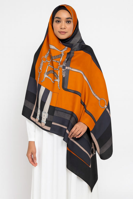 Large Satin Silk Scarf - Black Orange Belt