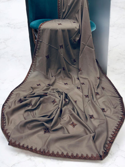 Sepia Brown Curved Floral Border Shaal