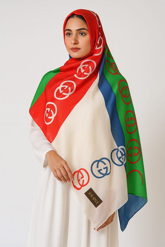 Large Satin Silk Scarf - Gucci Red White Pattern