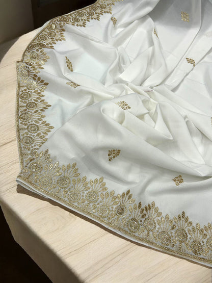 White Gold Floral Sequence Bridal Embroidered Shaal
