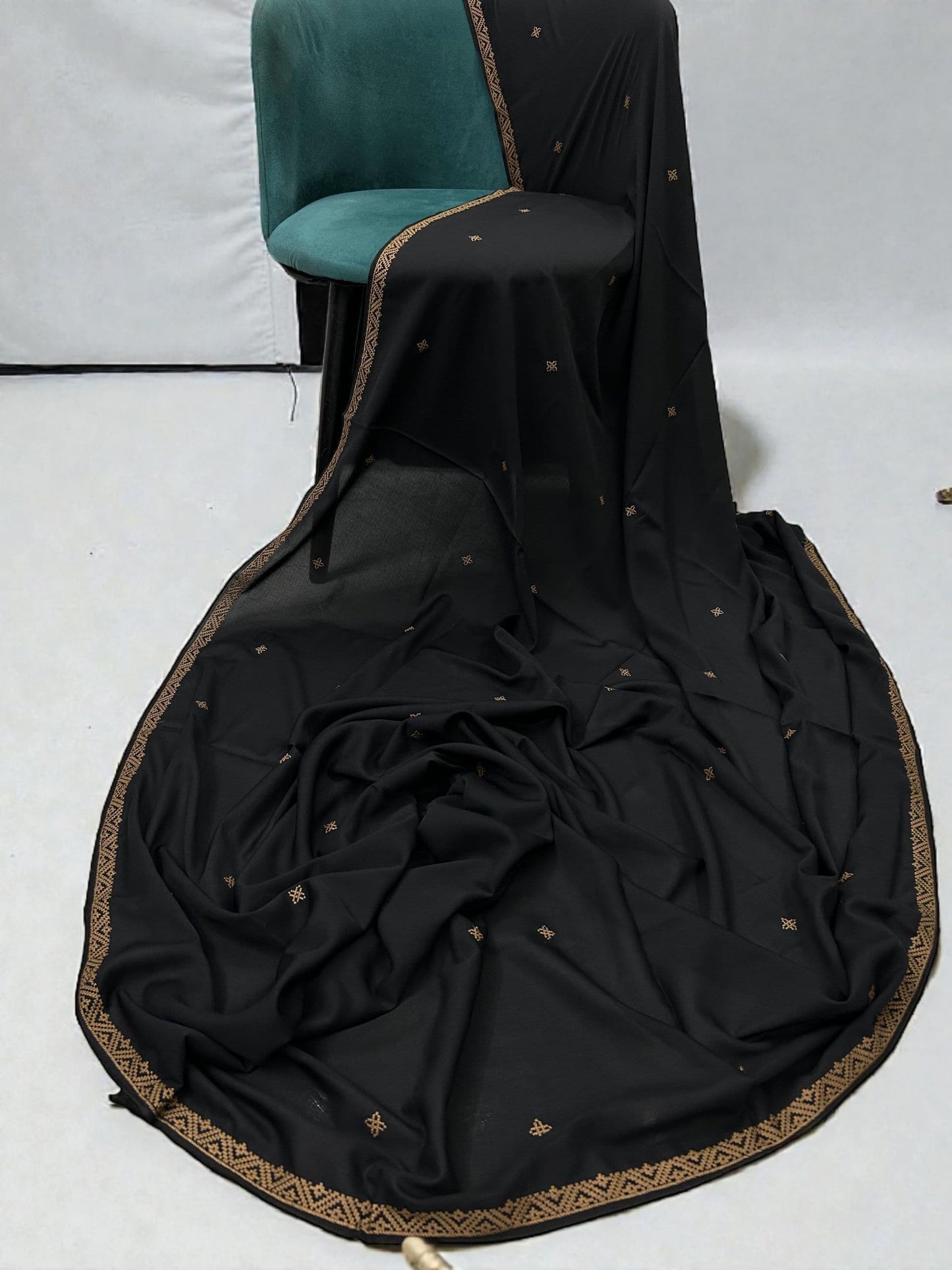 Black Brown Curved Embroidered Shaal