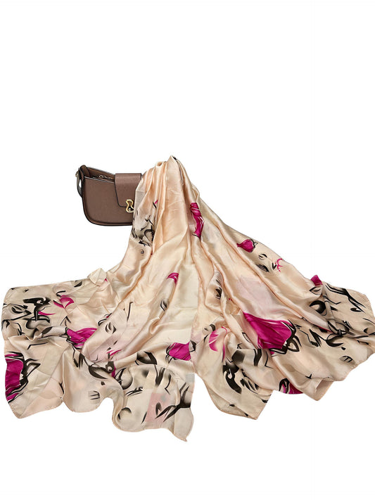 Large Satin Silk Scarf - Porcelain Pink Tulips