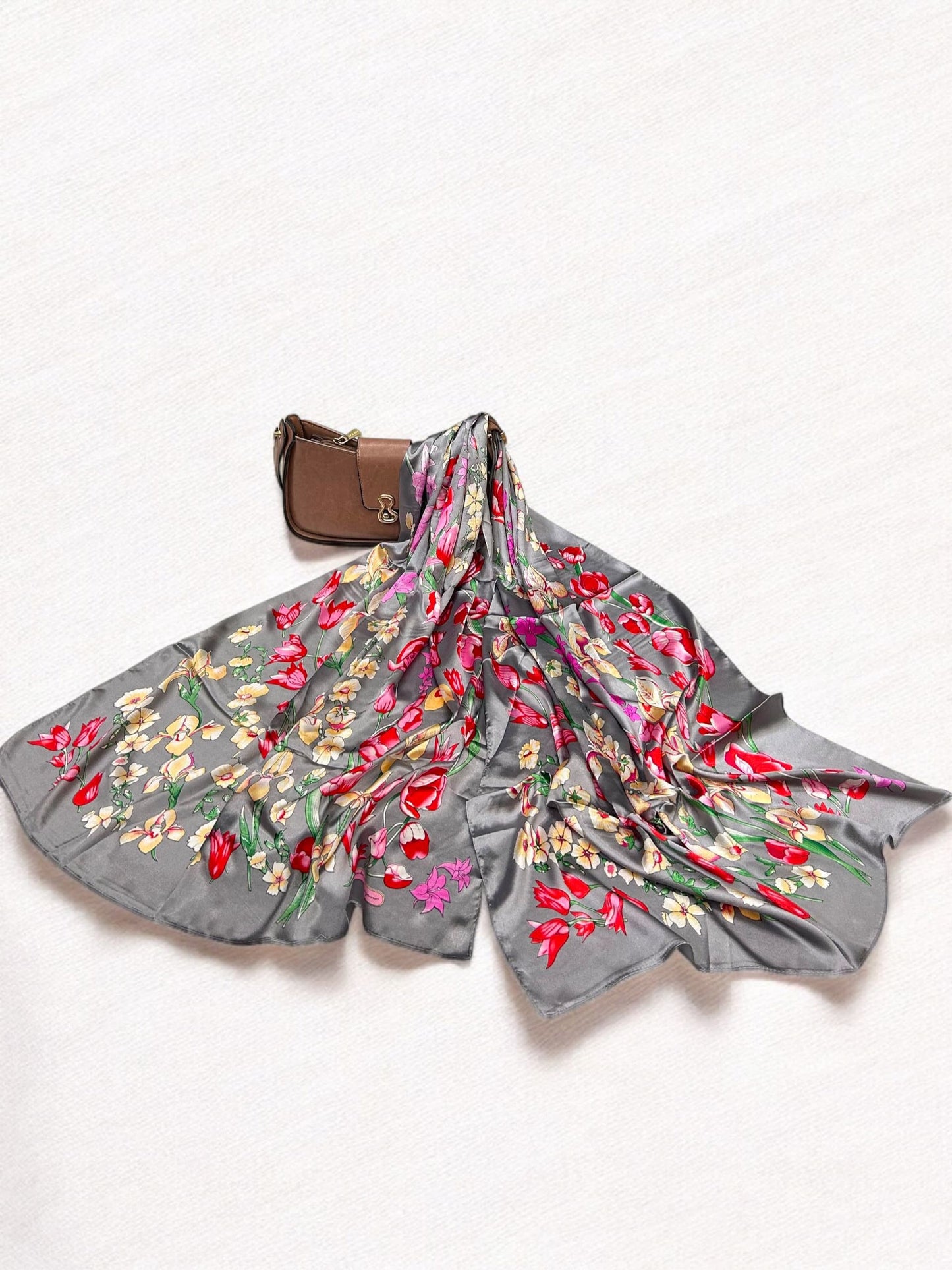 Satin Silk Scarf - Grey Red Tulips