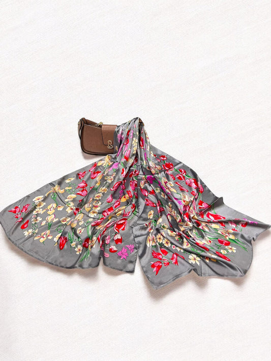 Satin Silk Scarf - Grey Red Tulips