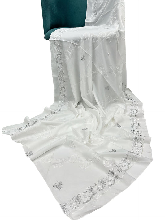 White Silver Daisies Embroidered Lawn Dupatta