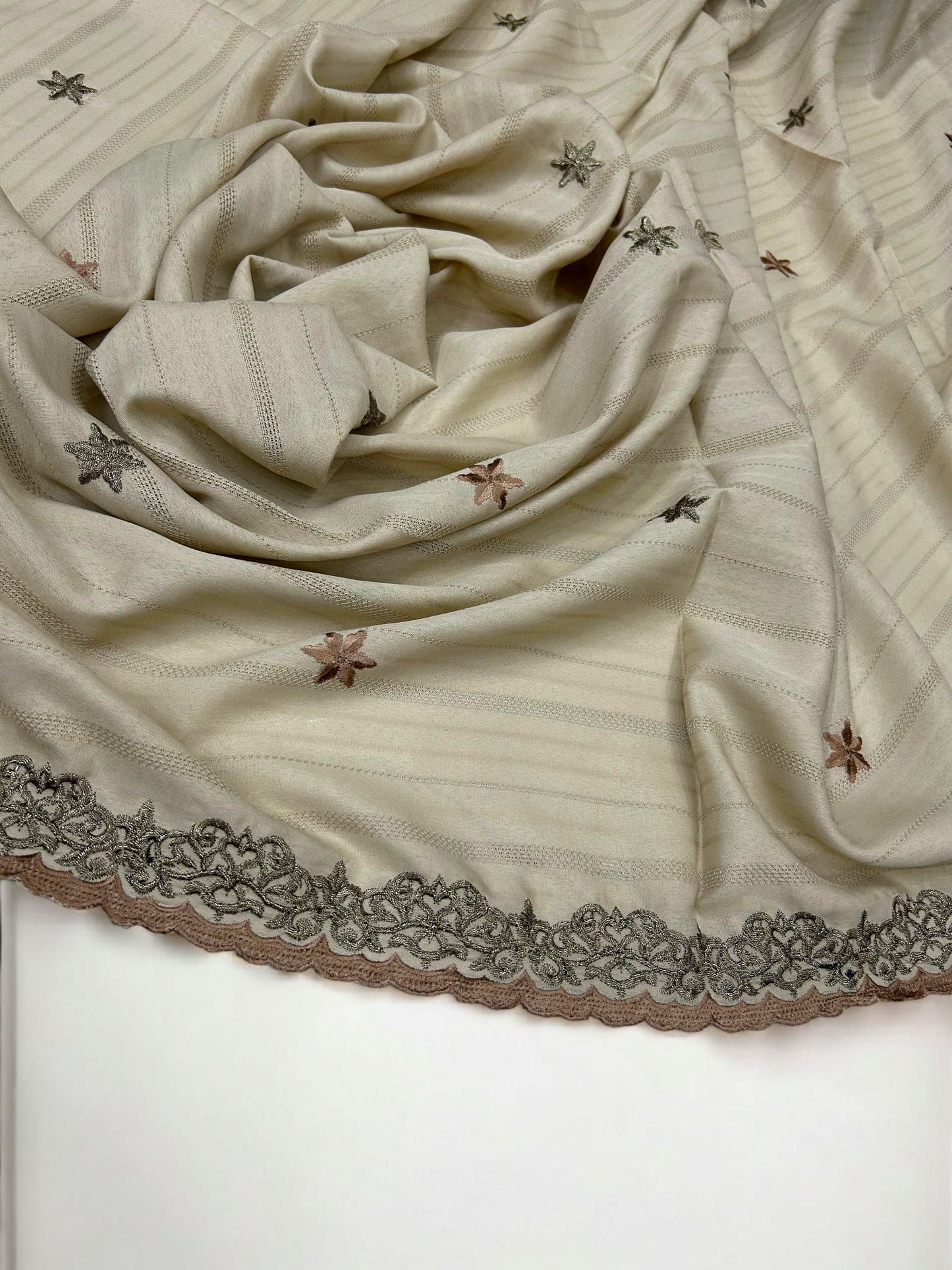Latte White Stars Cutwork Fancy Self Embroidered Shaal