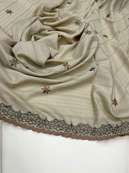 Latte White Stars Cutwork Fancy Self Embroidered Shaal