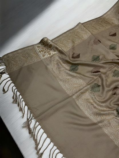 Beige Cream Border Leaf Embroidered Pashmina Shawl