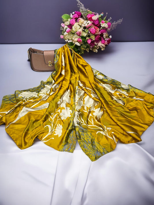Large Satin Silk Scarf - Gold Daffodils