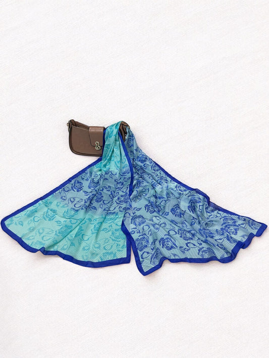 Satin Silk Scarf - Shades of Blue Floral