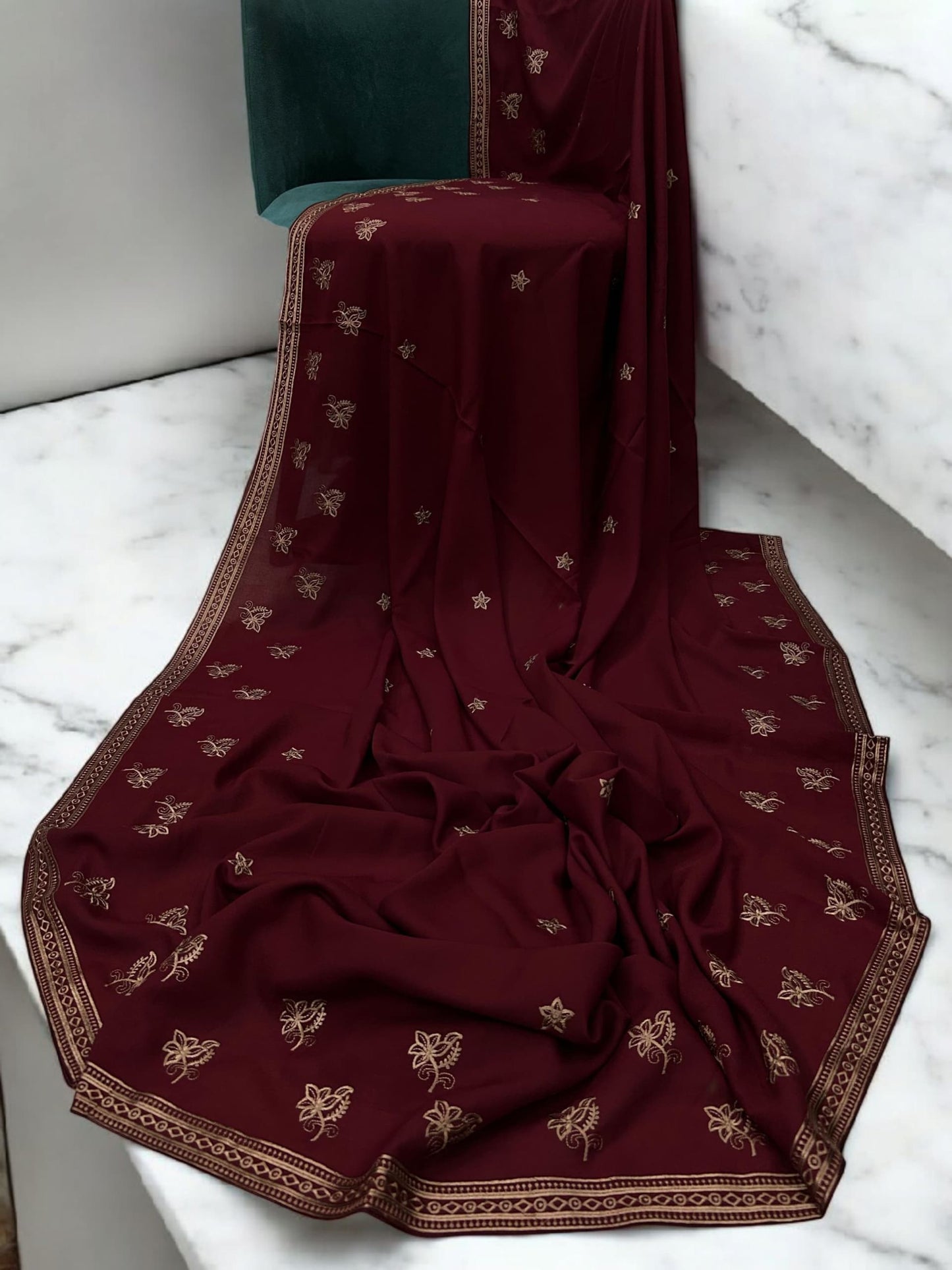 Scarlet Red Fancy Double Embroidered Floral Shaal