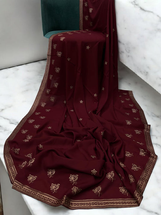 Scarlet Red Fancy Double Embroidered Floral Shaal