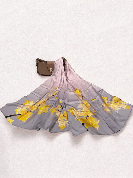 Large Satin Silk Scarf - Lilac Daffodils