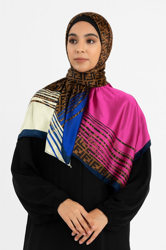 Large Satin Silk Scarf - Pink Brown Fendi