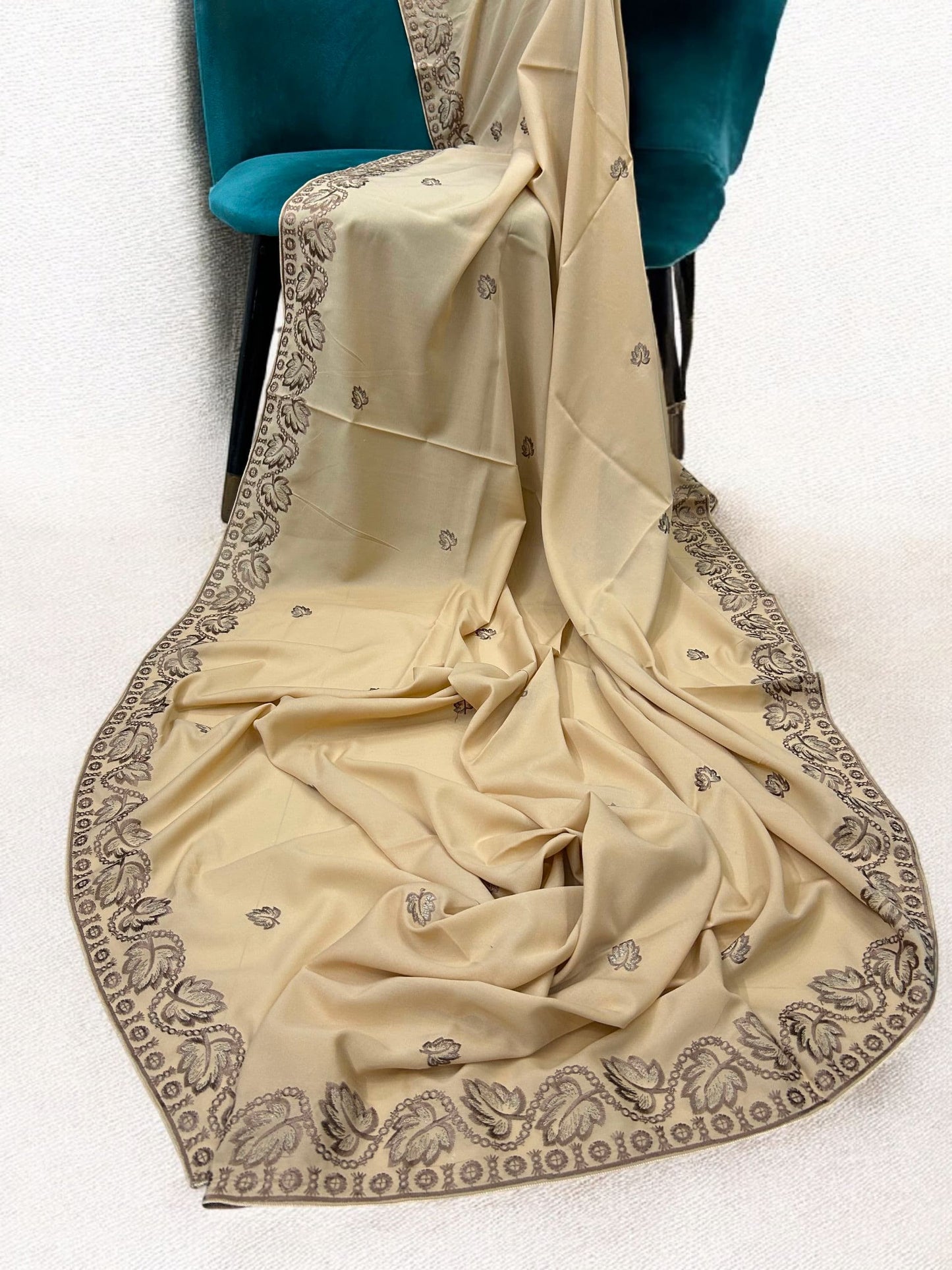 Khaki Brown Leaflets Fancy Embroidered Shaal
