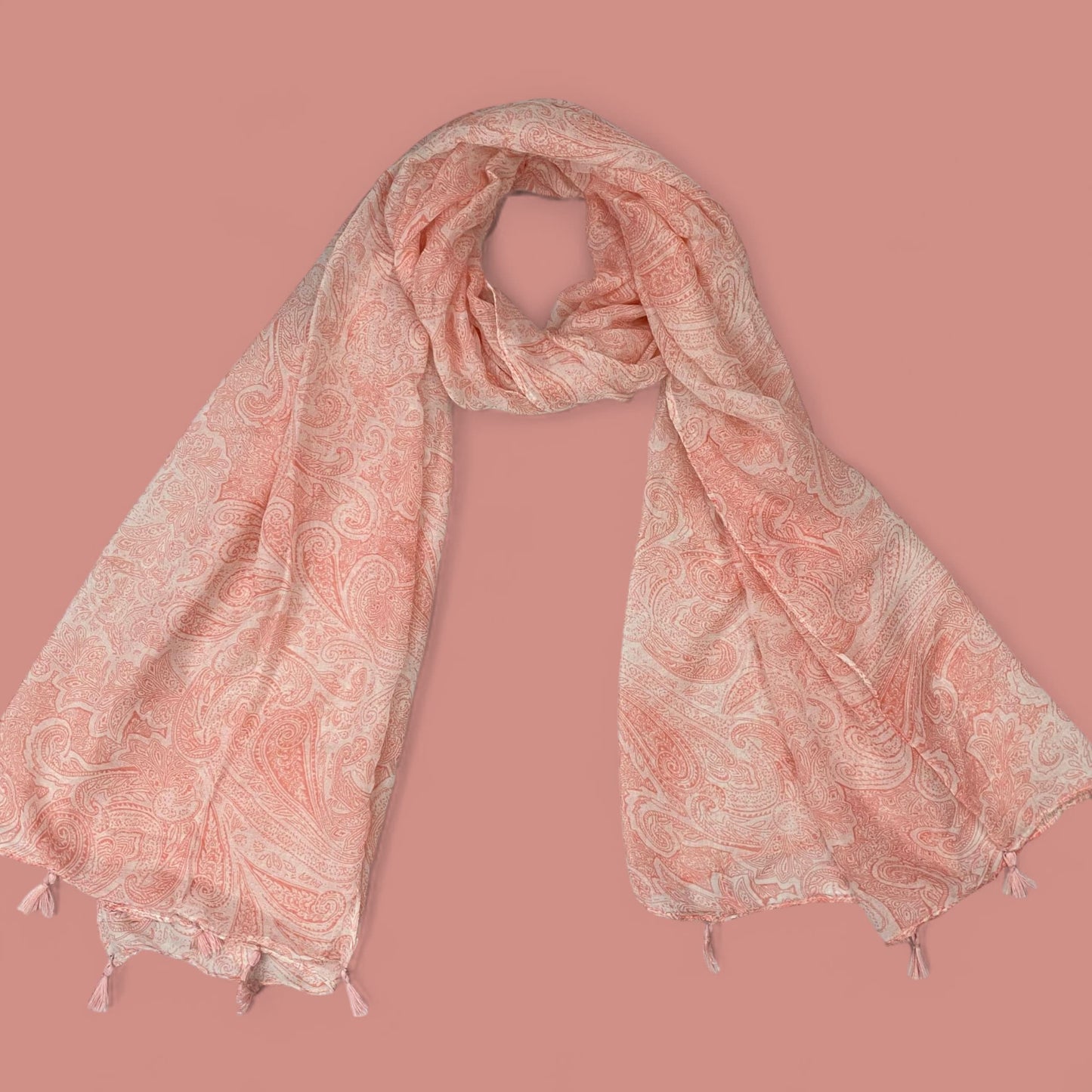 Coral Pink Paisley Printed Lawn Tassel Hijab