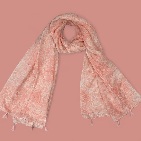 Coral Pink Paisley Printed Lawn Tassel Hijab