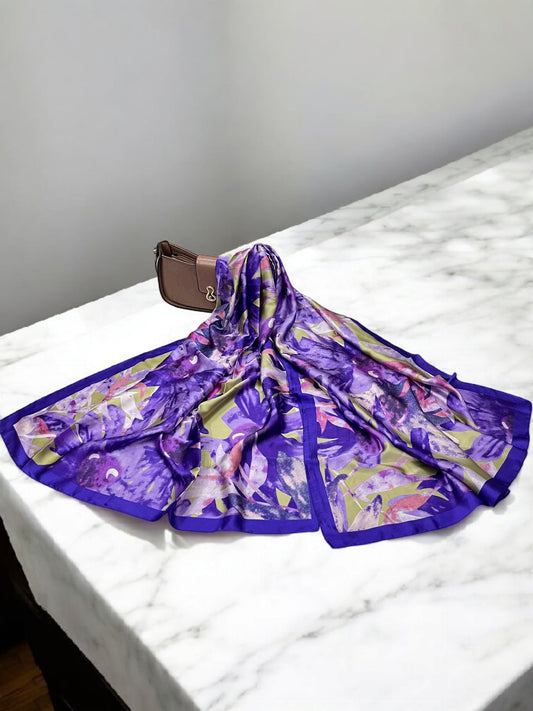 Large Satin Silk Scarf - Indigo Purple Floral