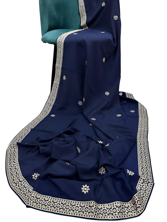 Blue Cream Embroidered Border Shaal