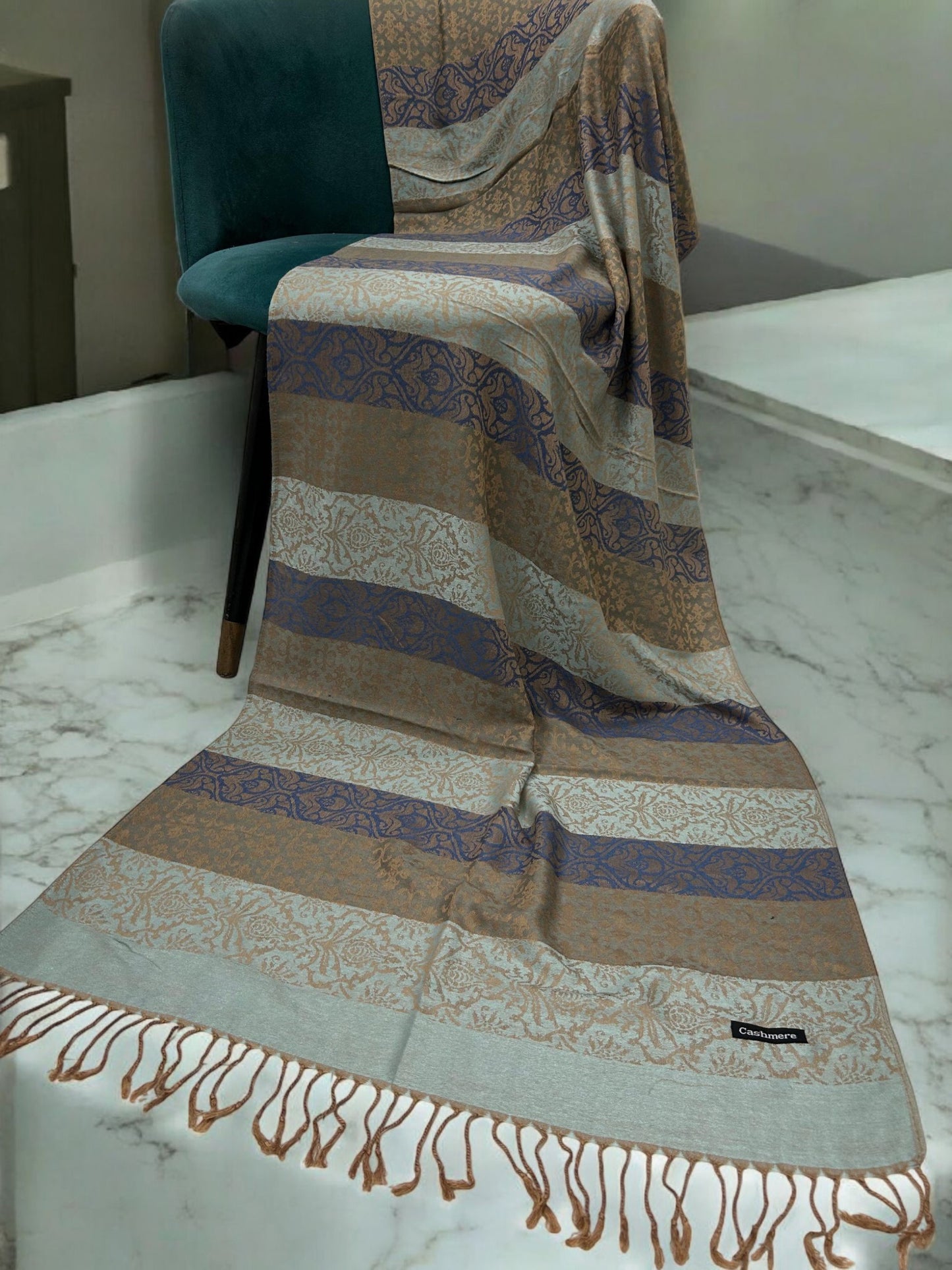Ferozi Blue Beige Damask Stripes Pashmina Hijab
