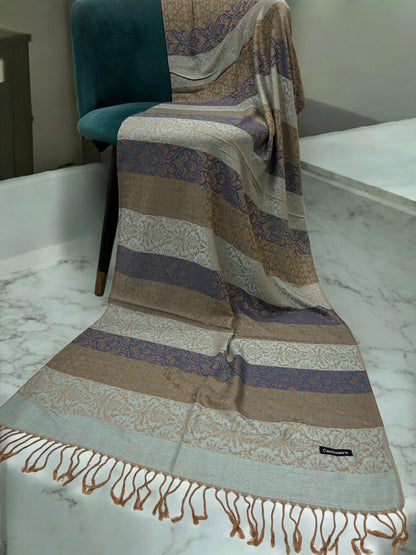 Ferozi Blue Beige Damask Stripes Pashmina Hijab