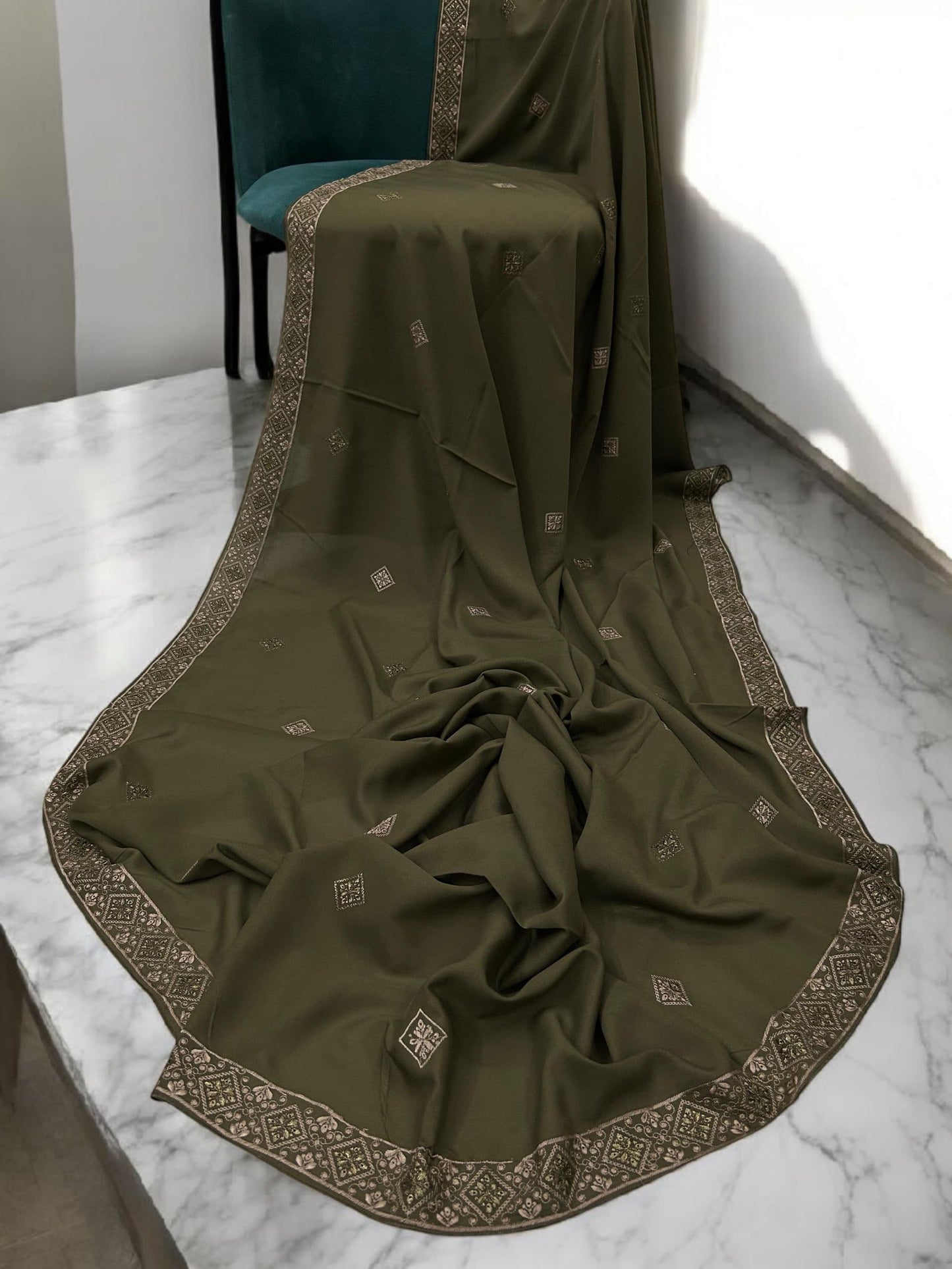 Olive Pink Squares Threadwork Embroidered Border Shaal