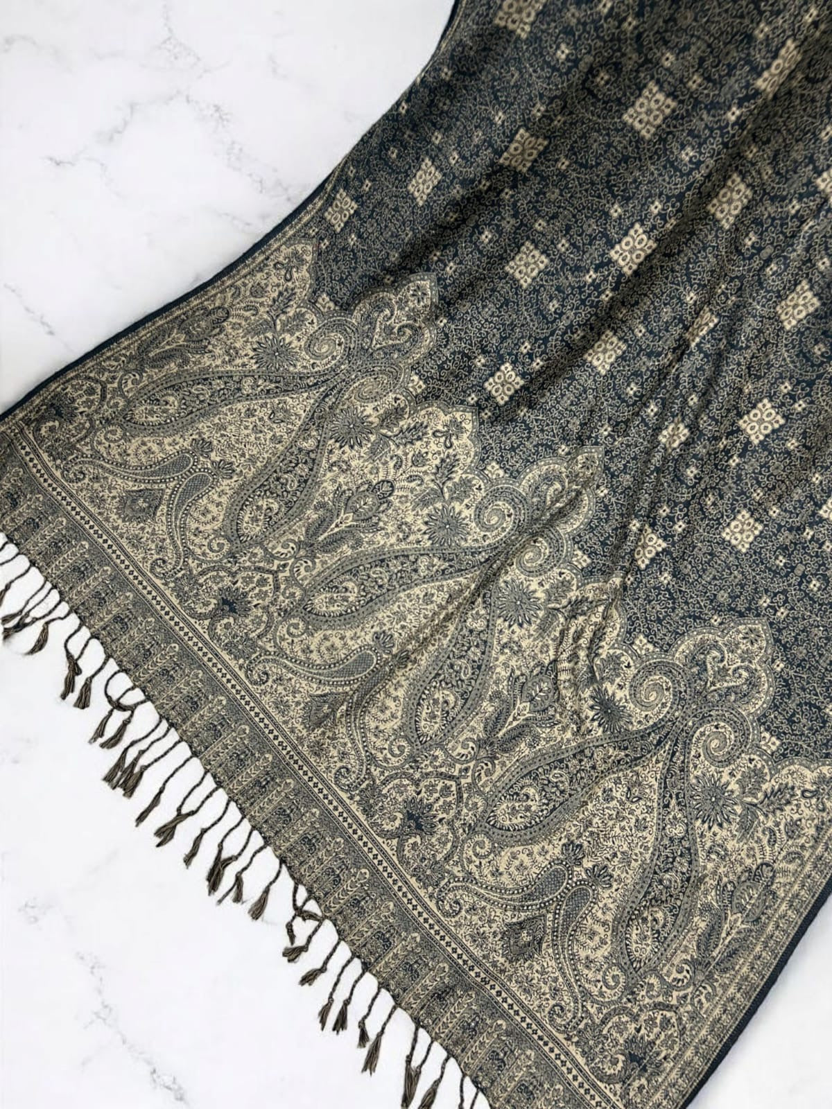 Paisley Pashmina Shawl - Navy Oat Brown