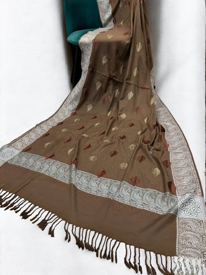 Coffee Brown - Leaflet Kashmiri Border Shawl