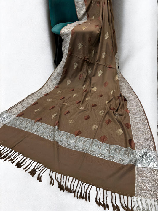 Coffee Brown - Leaflet Kashmiri Border Shawl