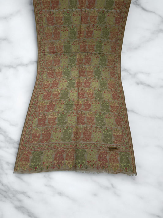 Beige Green Red Leafy Pashmina Hijab