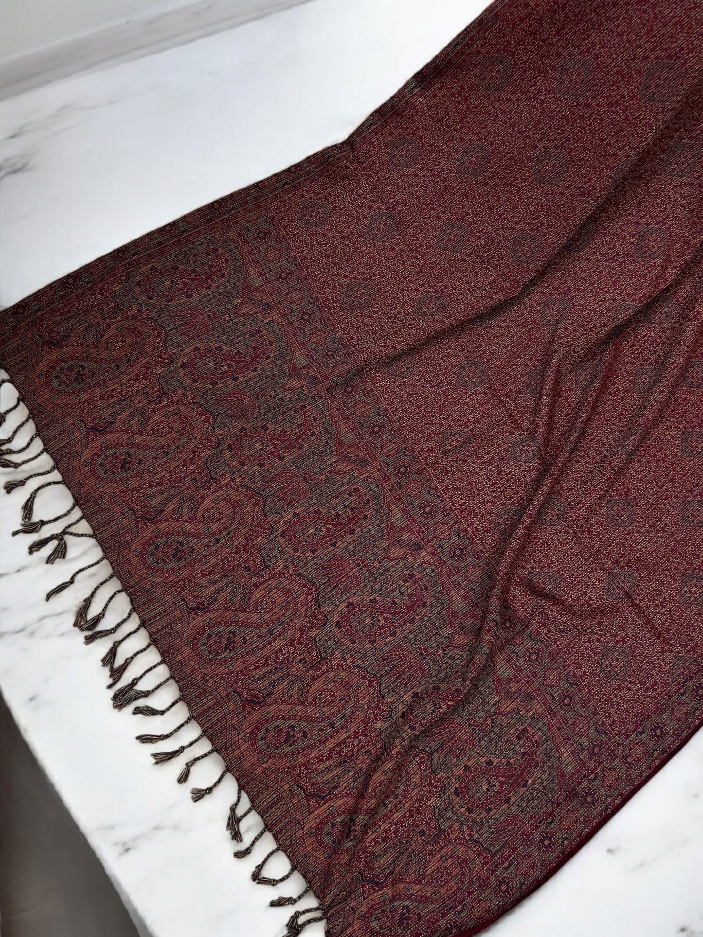 Threadwork Paisley Pashmina Shawl - Hot Pink Brown