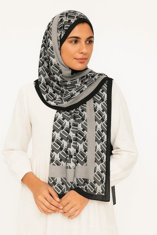 Branded Silver Grey Geometric Printed Modal Hijab
