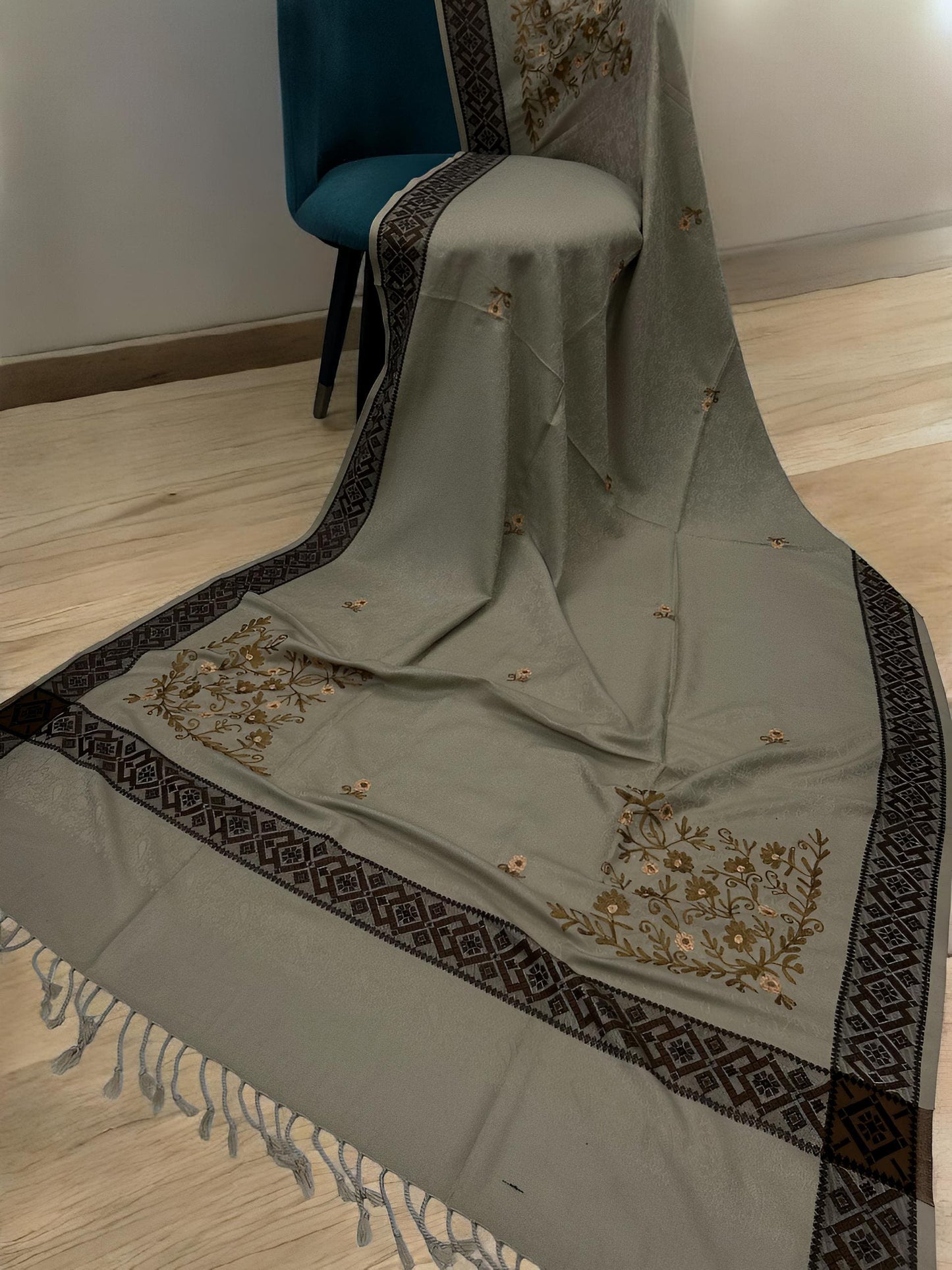 Canvas Mahogany Border Embroidered Brown Floral Pashmina Shawl